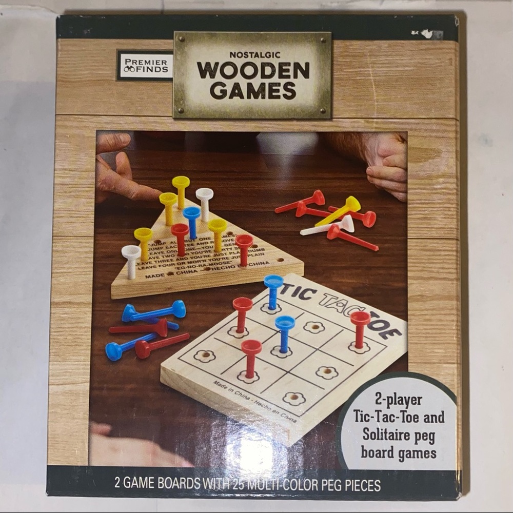 Premier Finds Nostalgic Wooden Games Tic-Tac-Toe & Solitaire Peg Board Games